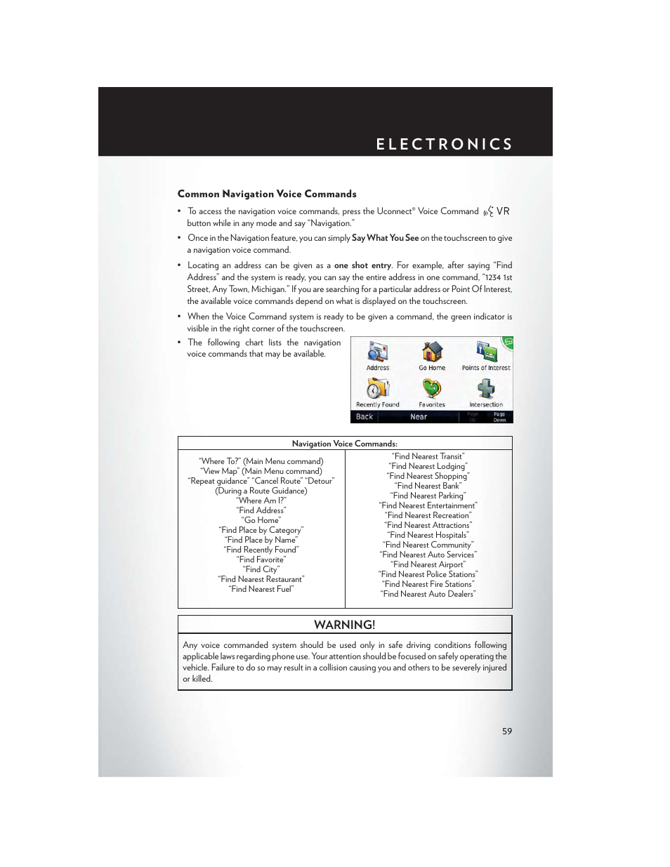 Common navigation voice commands, Warning | Chrysler 2014 300 SRT - User Guide User Manual | Page 61 / 132