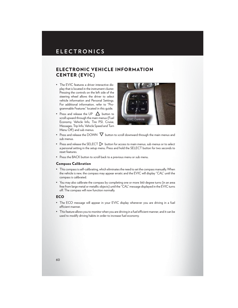 Electronic vehicle information center (evic), Compass calibration, Electronic vehicle information center (evic ) | Chrysler 2014 300 SRT - User Guide User Manual | Page 62 / 132