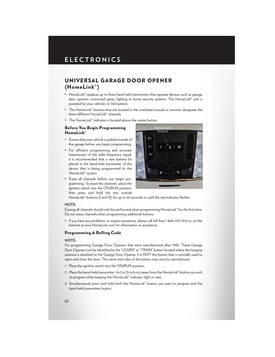 Universal garage door opener (homelink®), Before you begin programming homelink, Programming a rolling code | Chrysler 2014 300 SRT - User Guide User Manual | Page 64 / 132
