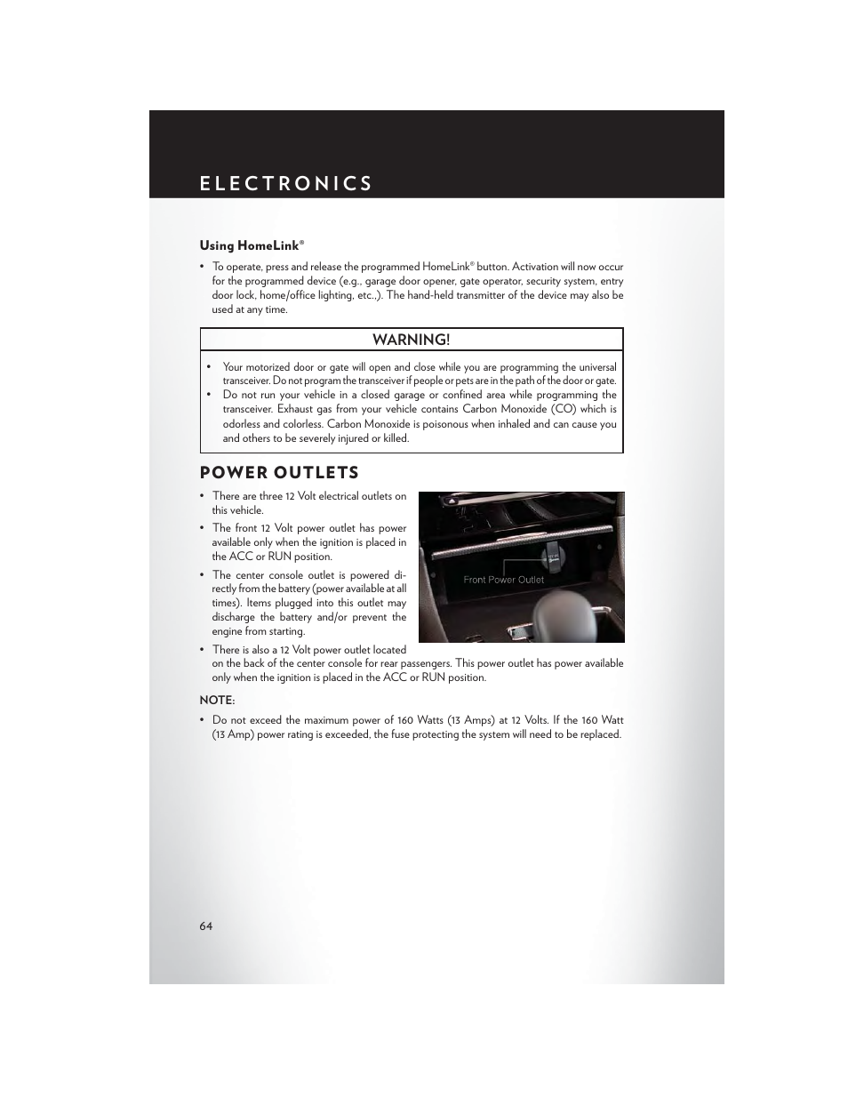 Using homelink, Power outlets | Chrysler 2014 300 SRT - User Guide User Manual | Page 66 / 132
