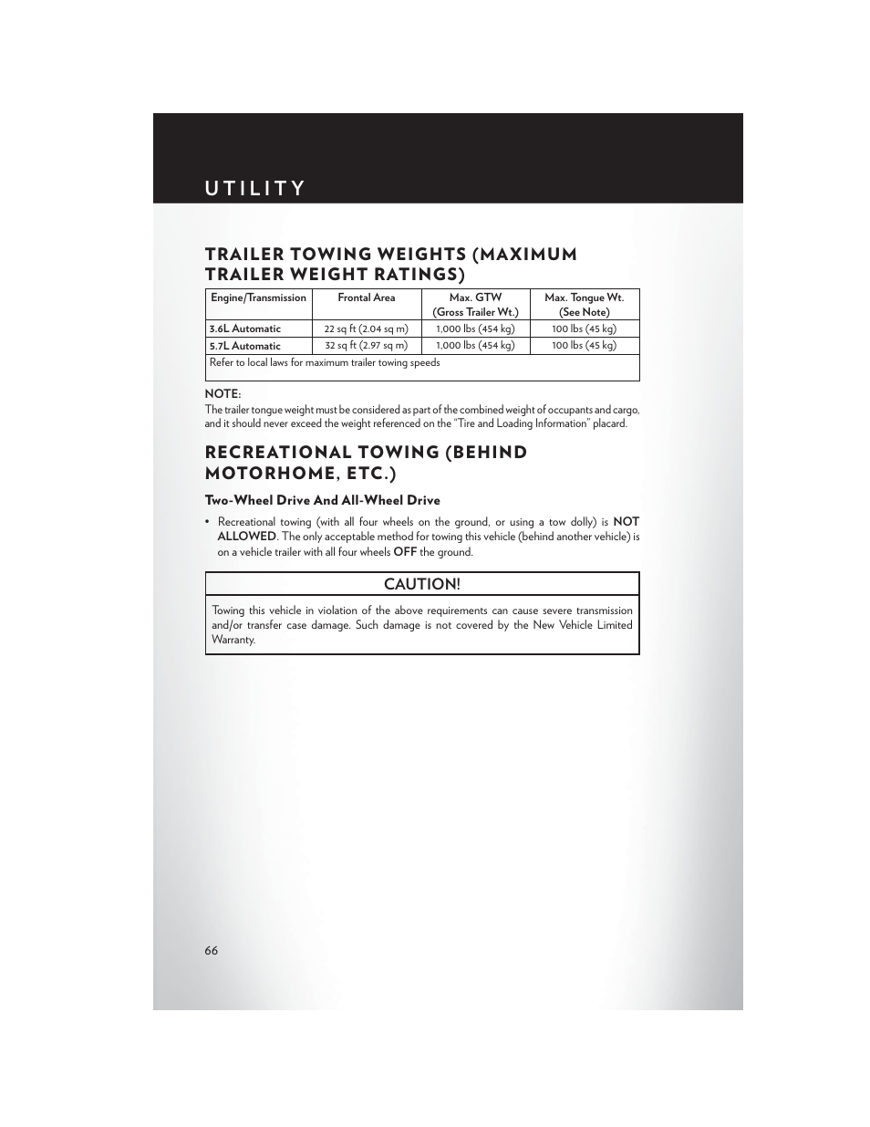 Utility, Recreational towing (behind motorhome, etc.), Two-wheel drive and all-wheel drive | Caution | Chrysler 2014 300 SRT - User Guide User Manual | Page 68 / 132
