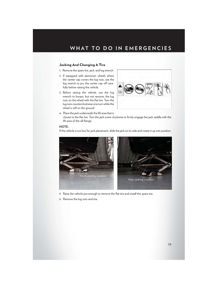 Jacking and changing a tire | Chrysler 2014 300 SRT - User Guide User Manual | Page 81 / 132