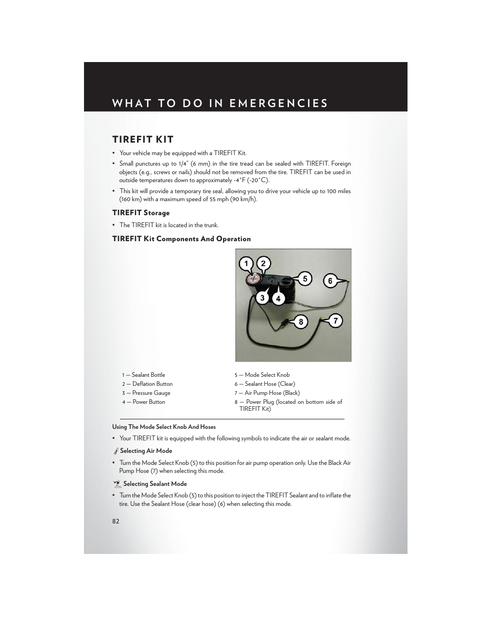 Tirefit kit, Tirefit storage, Tirefit kit components and operation | Chrysler 2014 300 SRT - User Guide User Manual | Page 84 / 132
