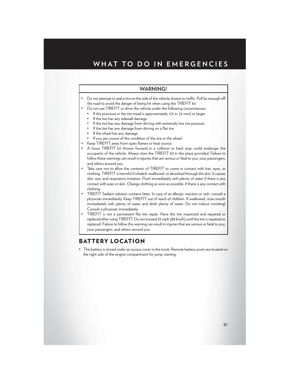 Battery location | Chrysler 2014 300 SRT - User Guide User Manual | Page 89 / 132