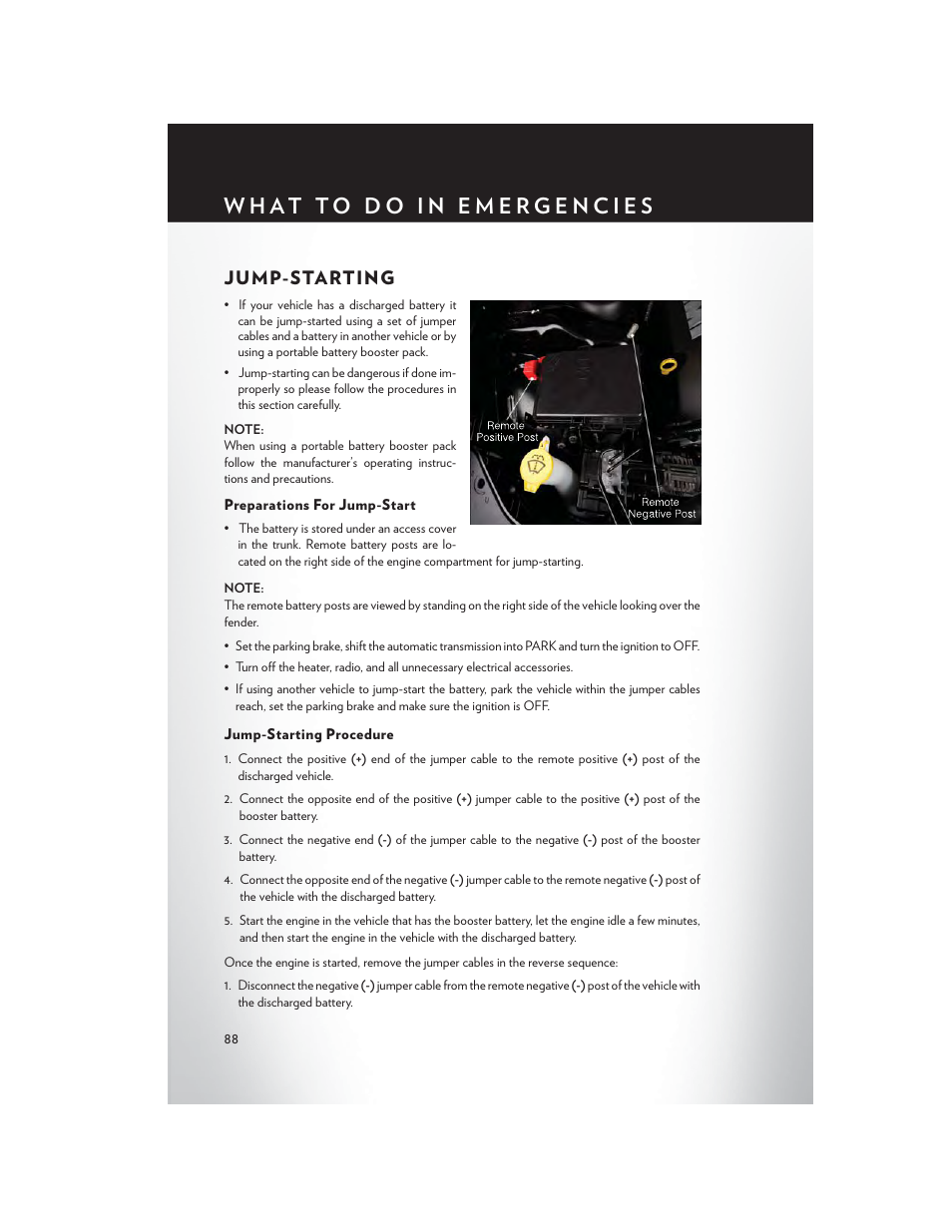 Jump-starting, Preparations for jump-start, Jump-starting procedure | Chrysler 2014 300 SRT - User Guide User Manual | Page 90 / 132