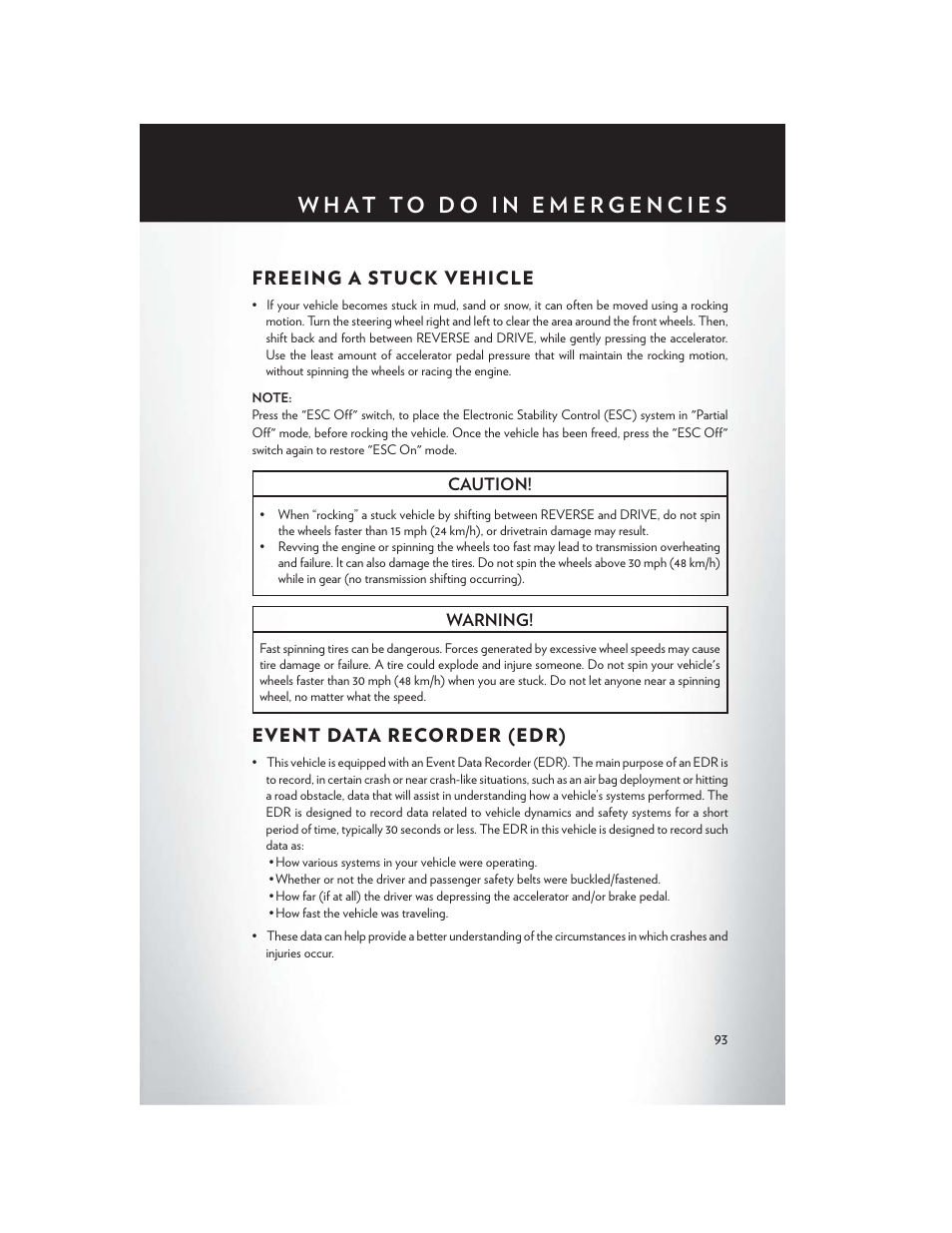 Freeing a stuck vehicle, Event data recorder (edr), Freeing a stuck vehicle event data recorder (edr) | Chrysler 2014 300 SRT - User Guide User Manual | Page 95 / 132