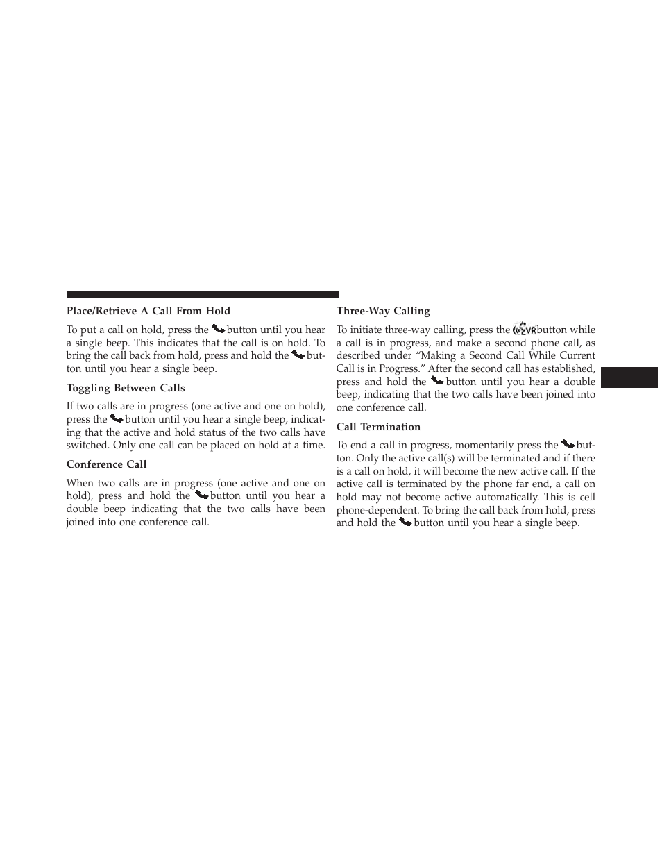 Place/retrieve a call from hold, Toggling between calls, Conference call | Three-way calling, Call termination | Chrysler 2014 200 - Owner Manual User Manual | Page 123 / 516