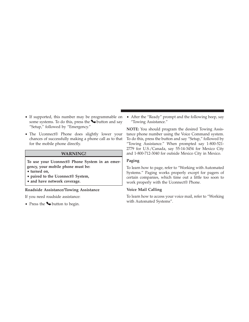 Roadside assistance/towing assistance, Paging, Voice mail calling | Chrysler 2014 200 - Owner Manual User Manual | Page 126 / 516