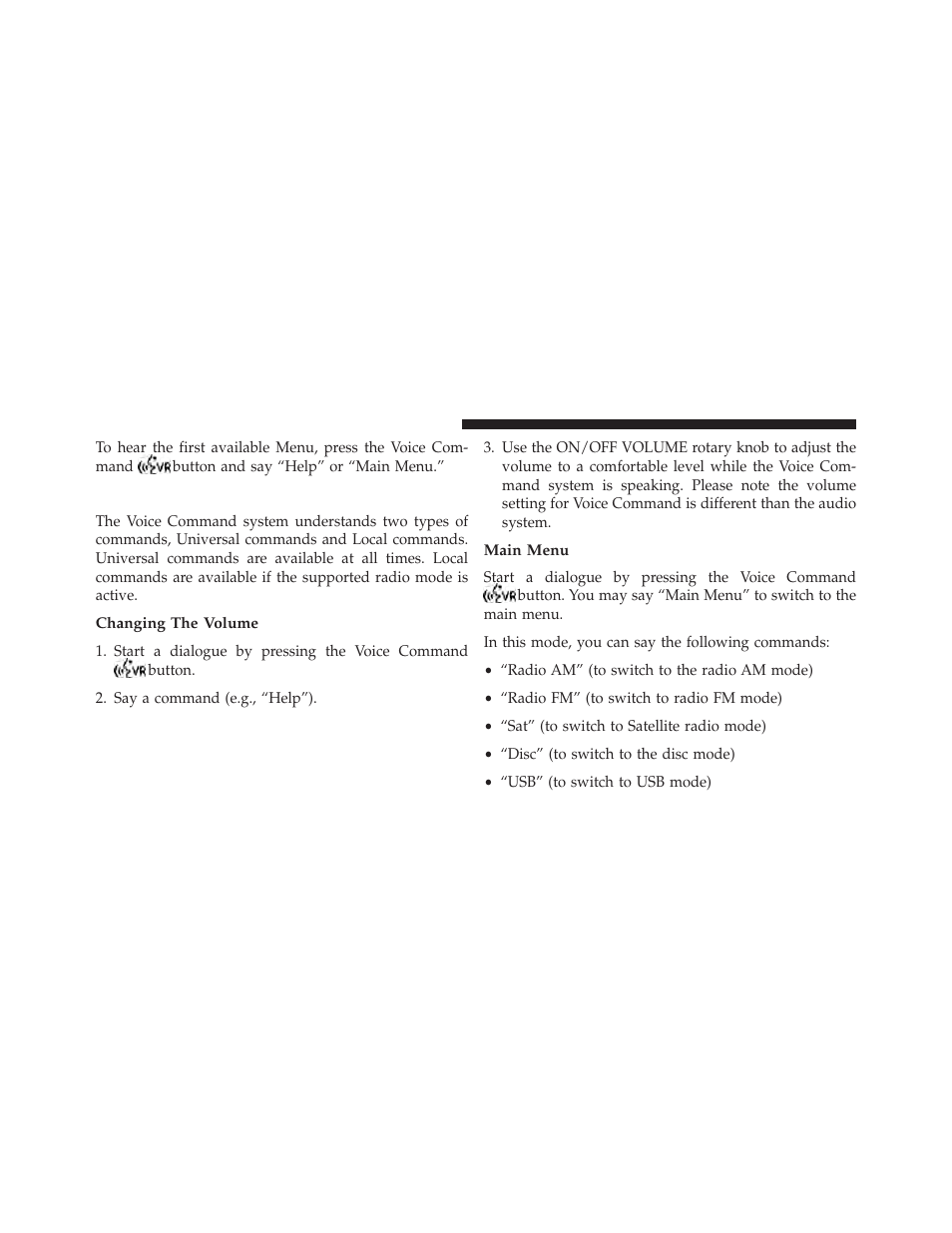 Commands, Changing the volume, Main menu | Chrysler 2014 200 - Owner Manual User Manual | Page 144 / 516