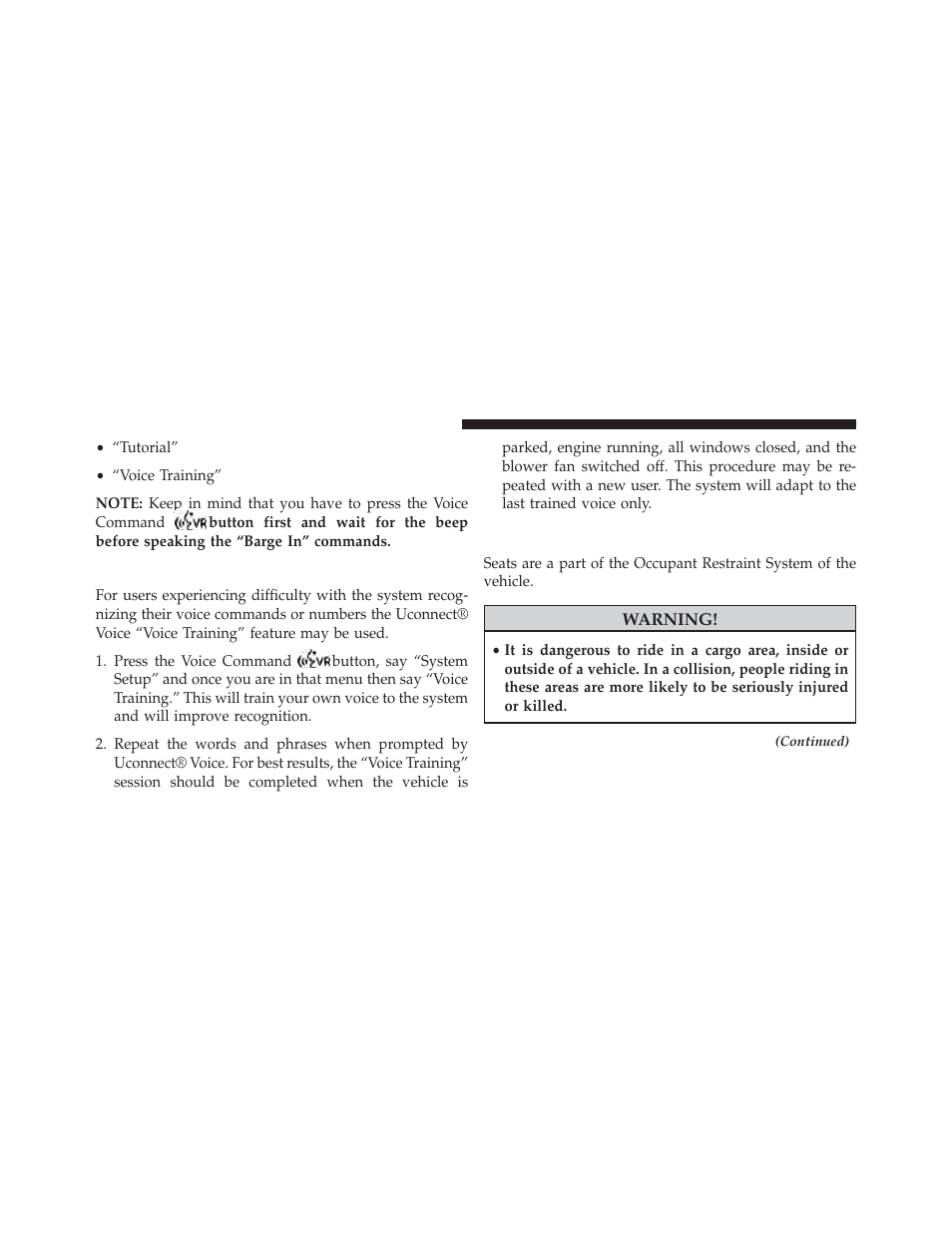 Voice training, Seats | Chrysler 2014 200 - Owner Manual User Manual | Page 148 / 516