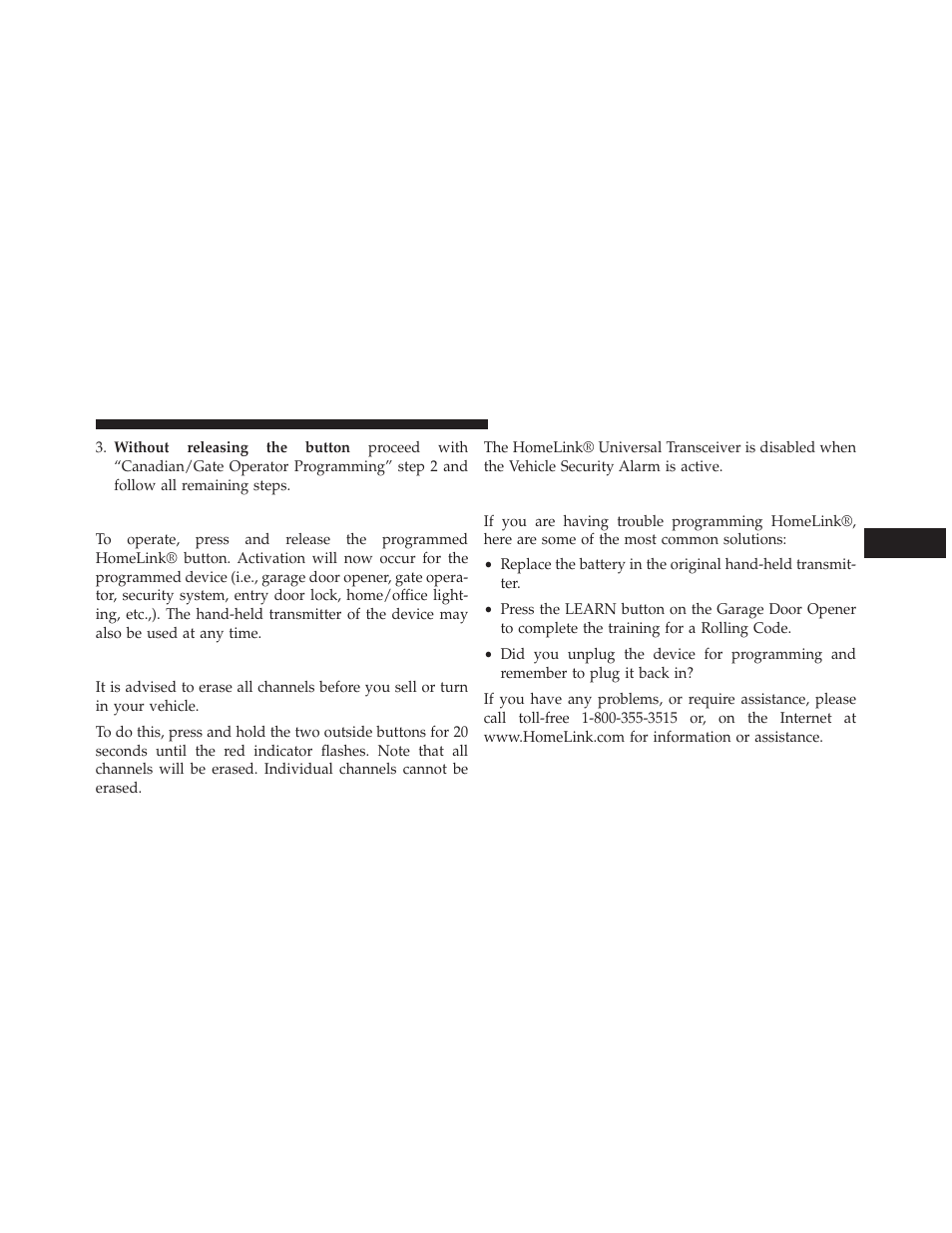 Using homelink, Security, Troubleshooting tips | Chrysler 2014 200 - Owner Manual User Manual | Page 187 / 516