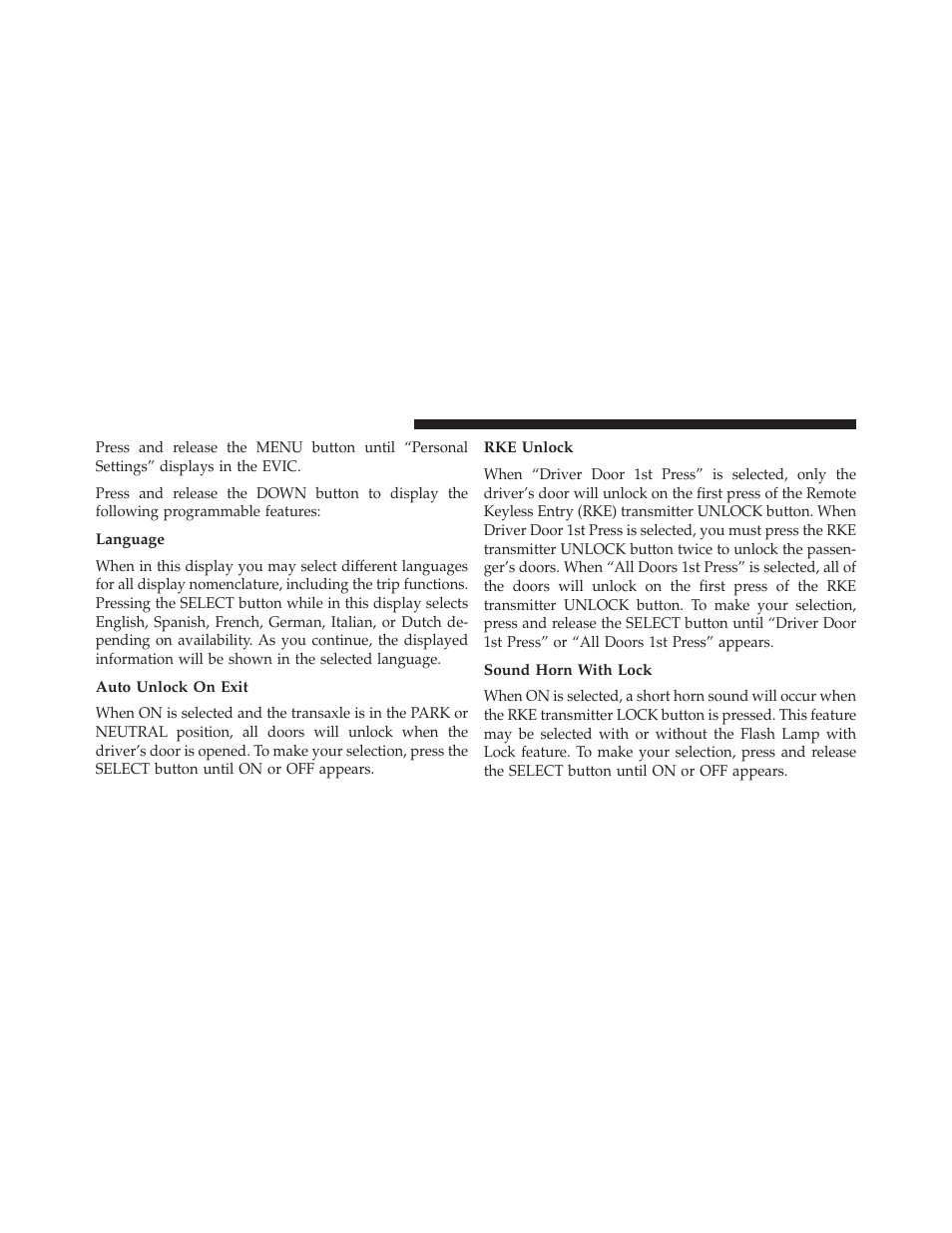 Language, Auto unlock on exit, Rke unlock | Sound horn with lock | Chrysler 2014 200 - Owner Manual User Manual | Page 236 / 516