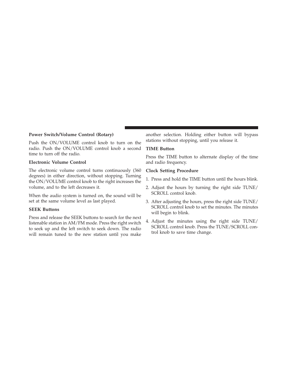 Power switch/volume control (rotary), Electronic volume control, Seek buttons | Time button, Clock setting procedure | Chrysler 2014 200 - Owner Manual User Manual | Page 240 / 516