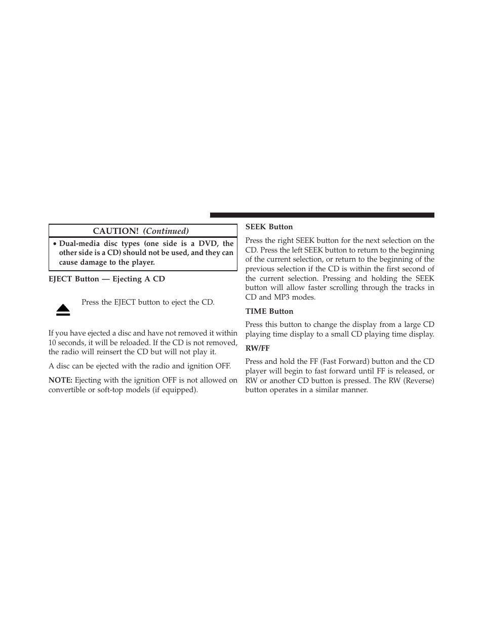 Eject button — ejecting a cd, Seek button, Time button | Rw/ff | Chrysler 2014 200 - Owner Manual User Manual | Page 244 / 516