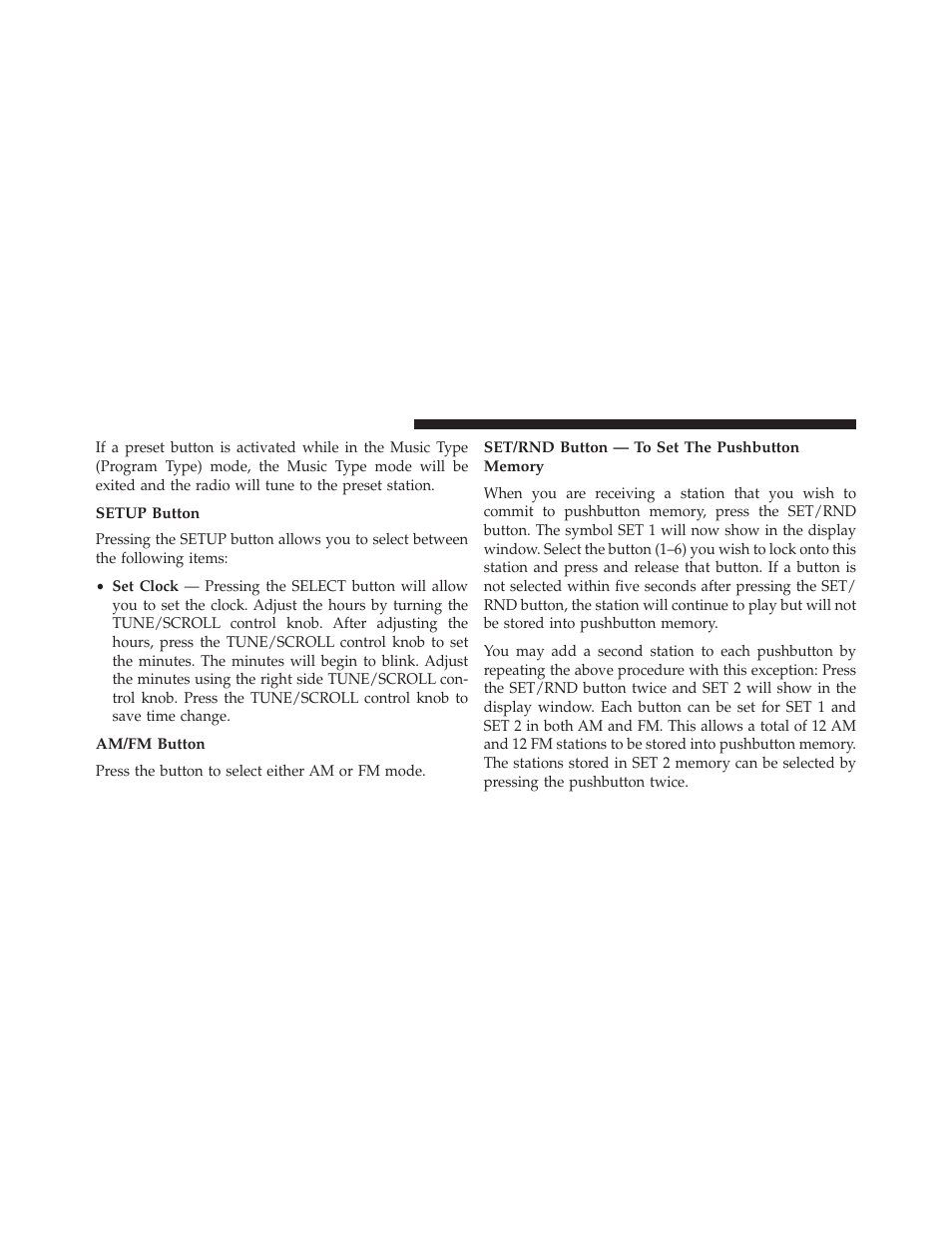 Setup button, Am/fm button, Set/rnd button — to set the pushbutton memory | Chrysler 2014 200 - Owner Manual User Manual | Page 254 / 516