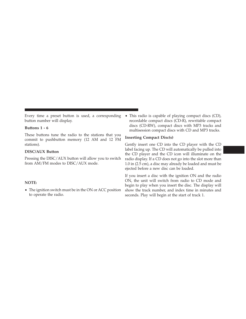 Buttons 1 - 6, Disc/aux button, Inserting compact disc(s) | Operation instructions — cd mode for, Cd and mp3 audio play | Chrysler 2014 200 - Owner Manual User Manual | Page 255 / 516