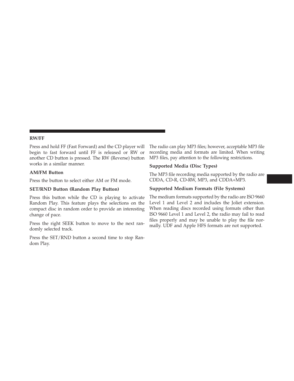 Rw/ff, Am/fm button, Set/rnd button (random play button) | Notes on playing mp3 files, Supported media (disc types), Supported medium formats (file systems) | Chrysler 2014 200 - Owner Manual User Manual | Page 257 / 516