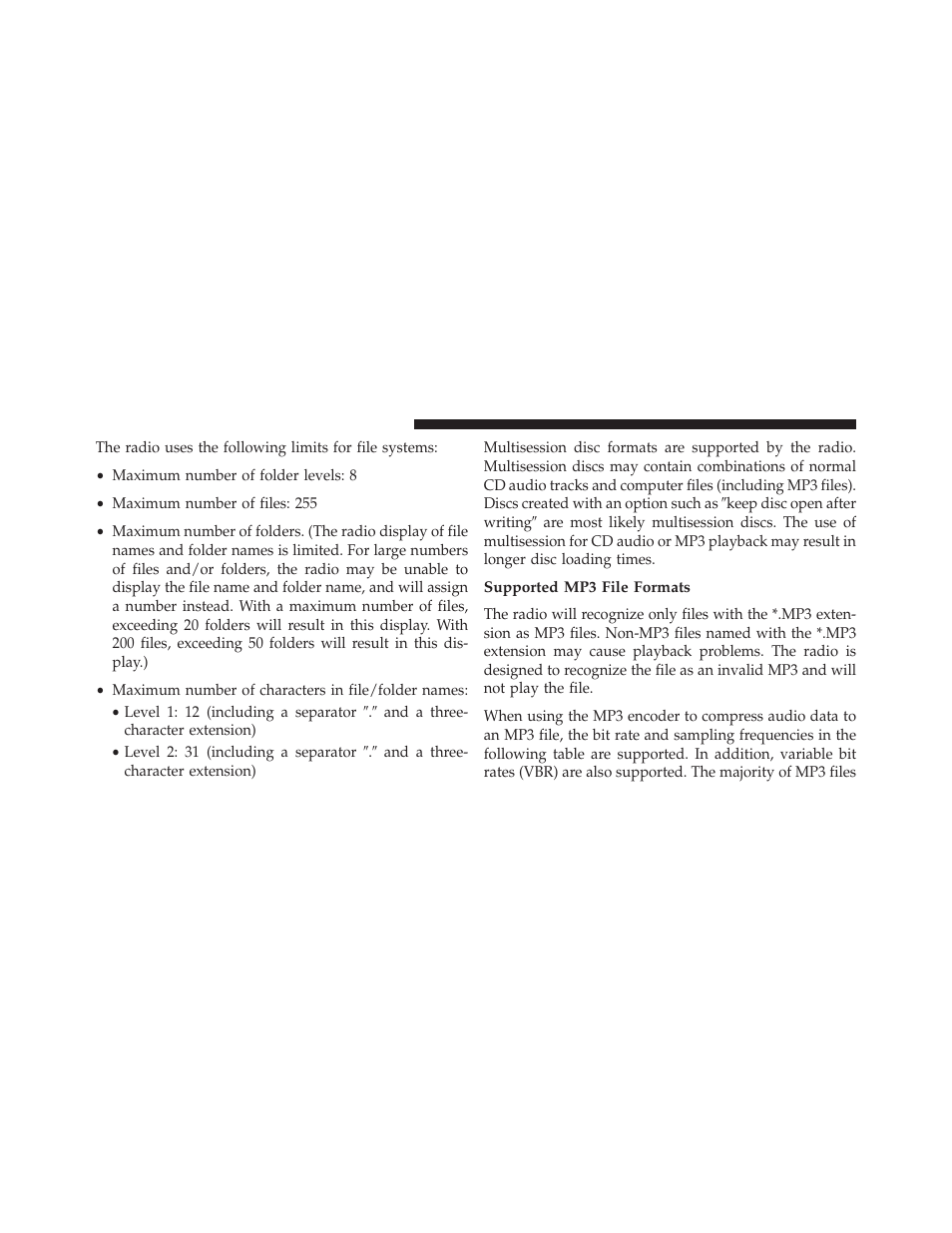 Supported mp3 file formats | Chrysler 2014 200 - Owner Manual User Manual | Page 258 / 516