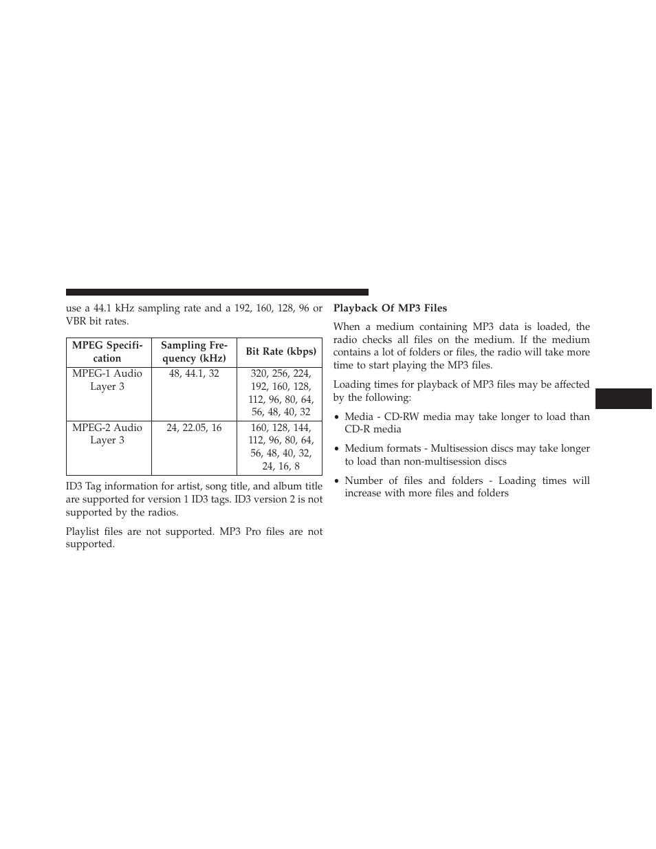 Playback of mp3 files | Chrysler 2014 200 - Owner Manual User Manual | Page 259 / 516
