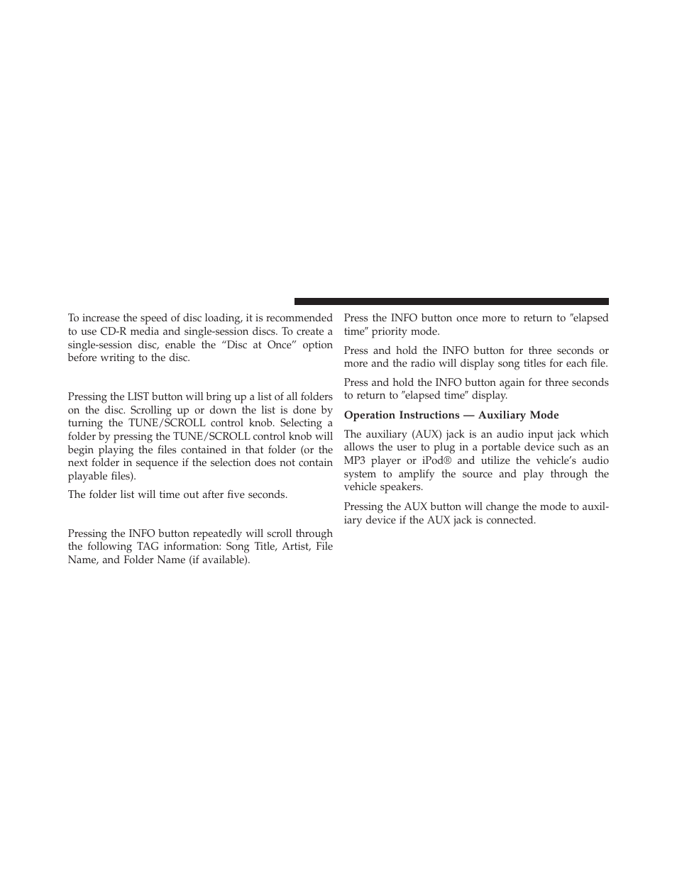 List button — cd mode for mp3 play, Info button — cd mode for mp3 play, Operation instructions — auxiliary mode | Chrysler 2014 200 - Owner Manual User Manual | Page 260 / 516