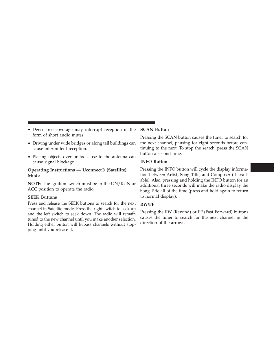 Seek buttons, Scan button, Info button | Rw/ff | Chrysler 2014 200 - Owner Manual User Manual | Page 263 / 516