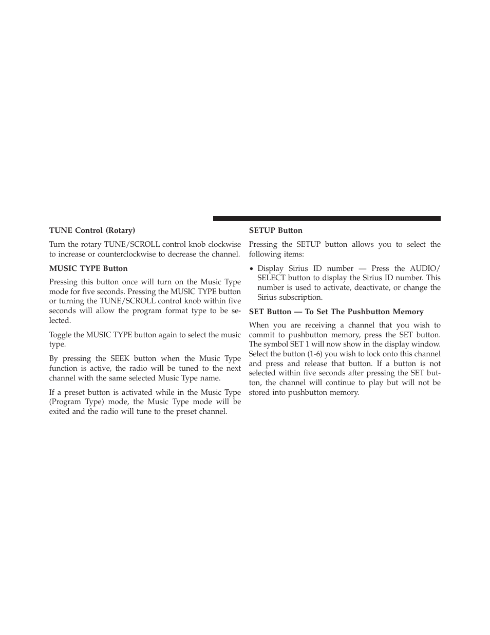 Tune control (rotary), Music type button, Setup button | Set button — to set the pushbutton memory | Chrysler 2014 200 - Owner Manual User Manual | Page 264 / 516