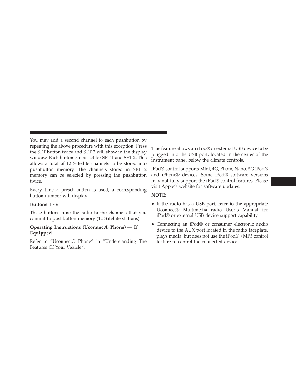 Buttons 1 - 6, Ipod®/usb/mp3 control — if equipped | Chrysler 2014 200 - Owner Manual User Manual | Page 265 / 516