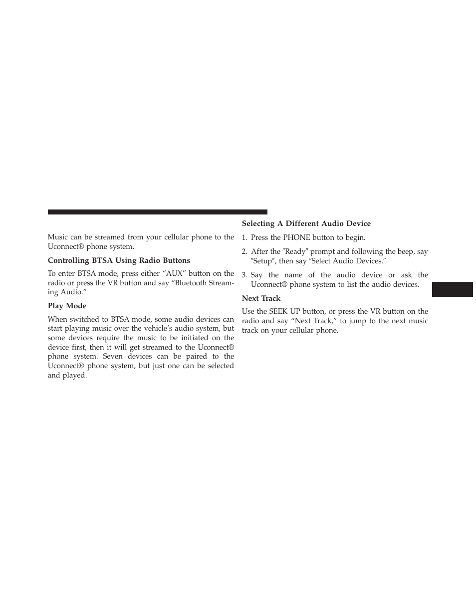 Bluetooth® streaming audio (btsa), Controlling btsa using radio buttons, Play mode | Selecting a different audio device, Next track | Chrysler 2014 200 - Owner Manual User Manual | Page 271 / 516