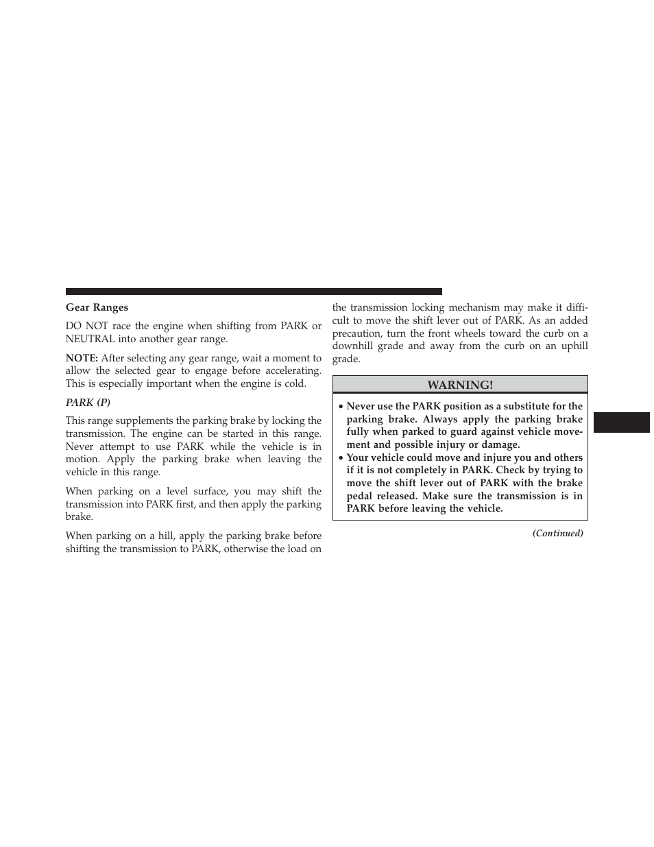 Gear ranges | Chrysler 2014 200 - Owner Manual User Manual | Page 301 / 516