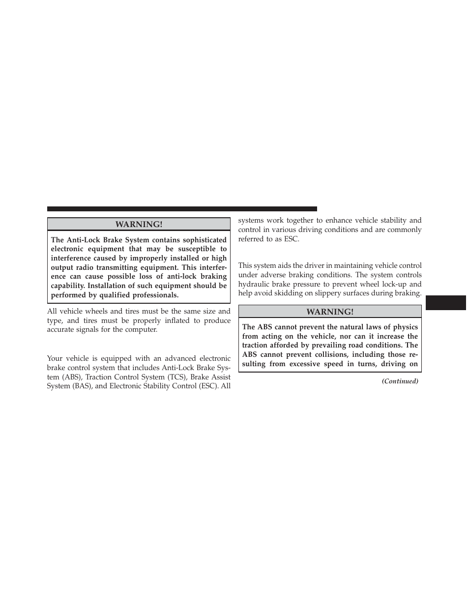 Electronic brake control system, Anti-lock brake system (abs) | Chrysler 2014 200 - Owner Manual User Manual | Page 327 / 516