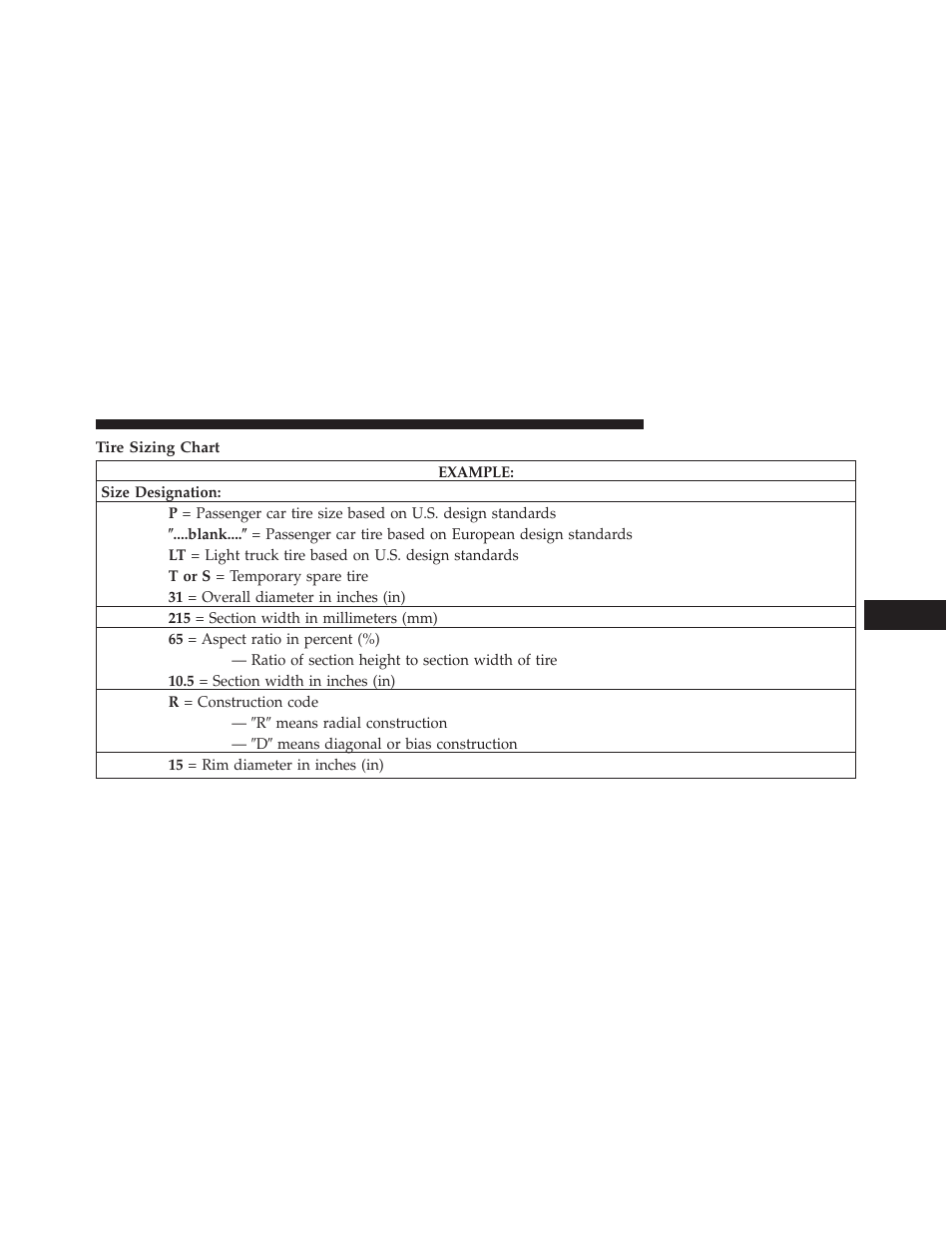 Tire sizing chart | Chrysler 2014 200 - Owner Manual User Manual | Page 335 / 516