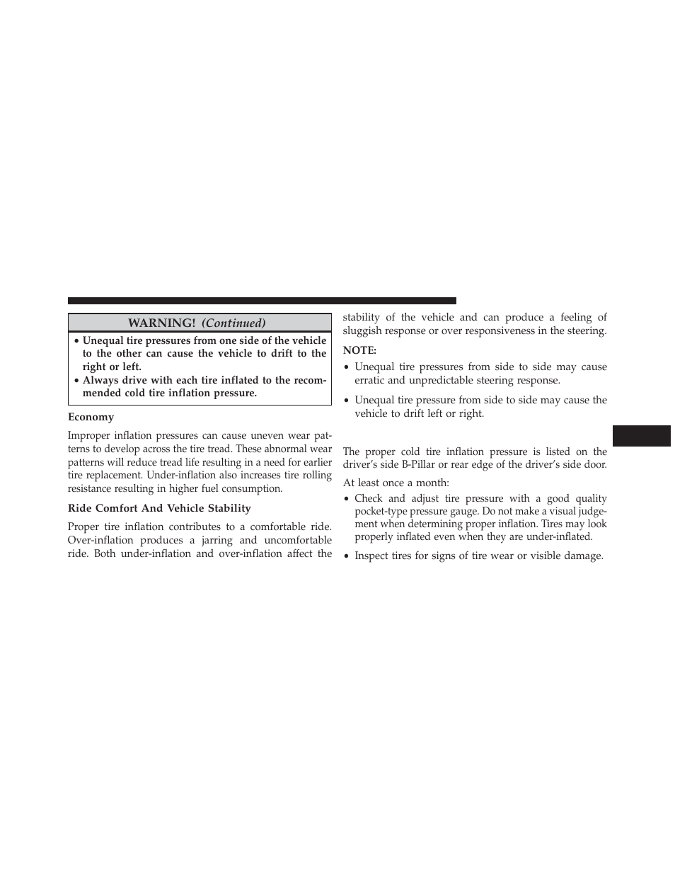 Economy, Ride comfort and vehicle stability, Tire inflation pressures | Chrysler 2014 200 - Owner Manual User Manual | Page 345 / 516