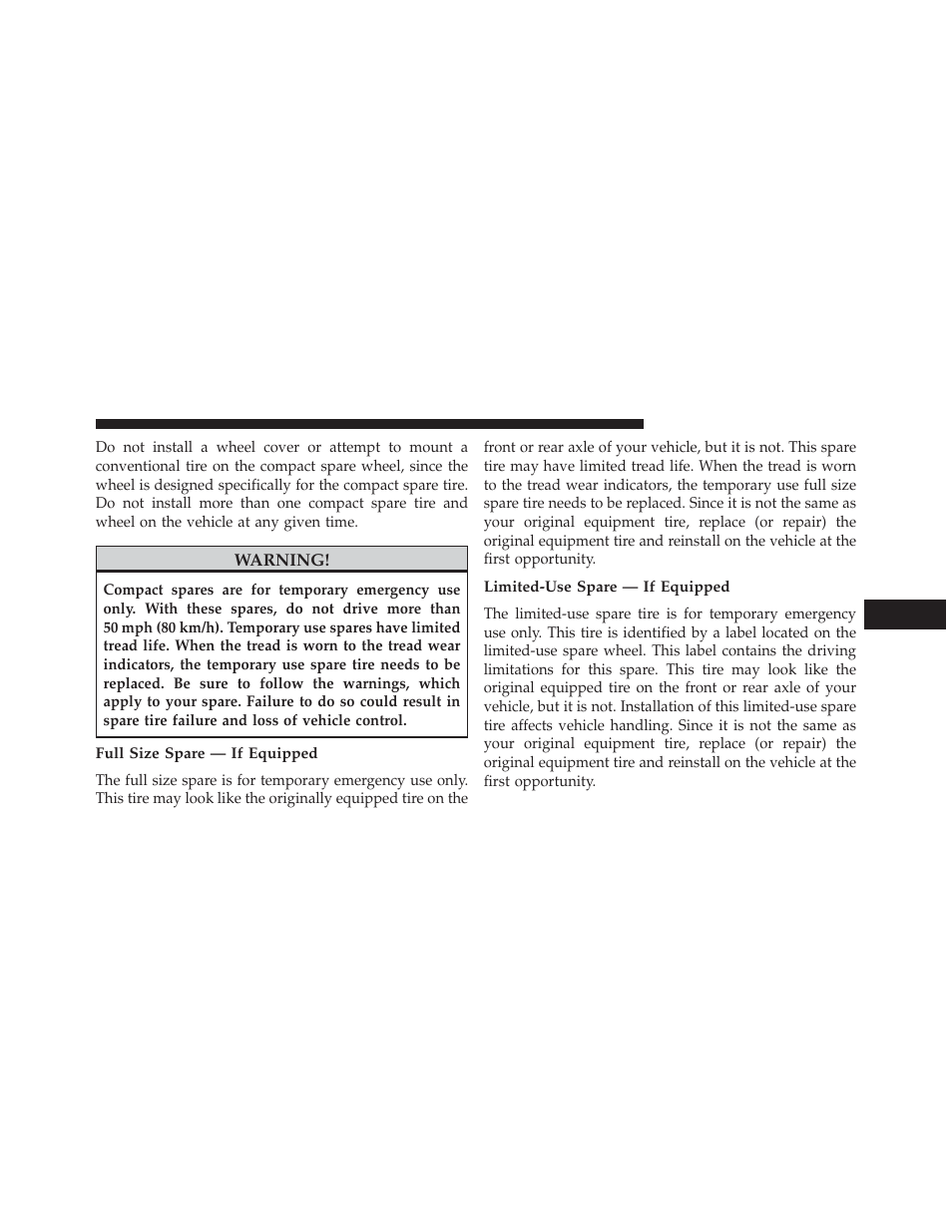 Full size spare — if equipped, Limited-use spare — if equipped | Chrysler 2014 200 - Owner Manual User Manual | Page 351 / 516