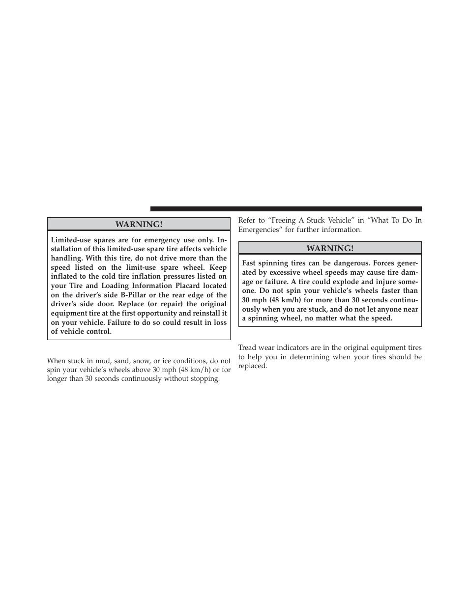 Tire spinning, Tread wear indicators | Chrysler 2014 200 - Owner Manual User Manual | Page 352 / 516