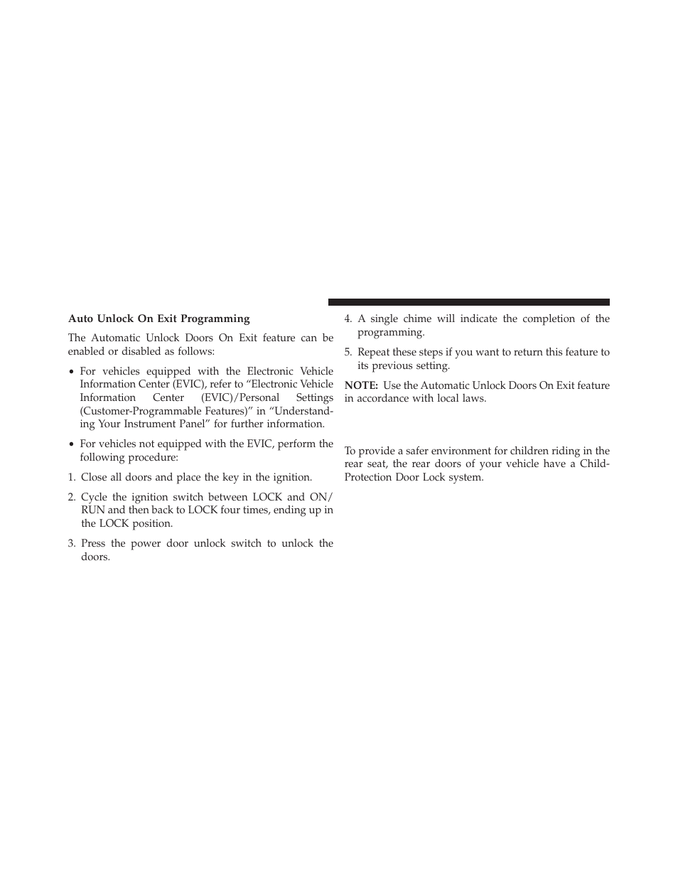 Auto unlock on exit programming, Child-protection door lock system — rear doors, Child-protection door lock system | Rear doors | Chrysler 2014 200 - Owner Manual User Manual | Page 36 / 516