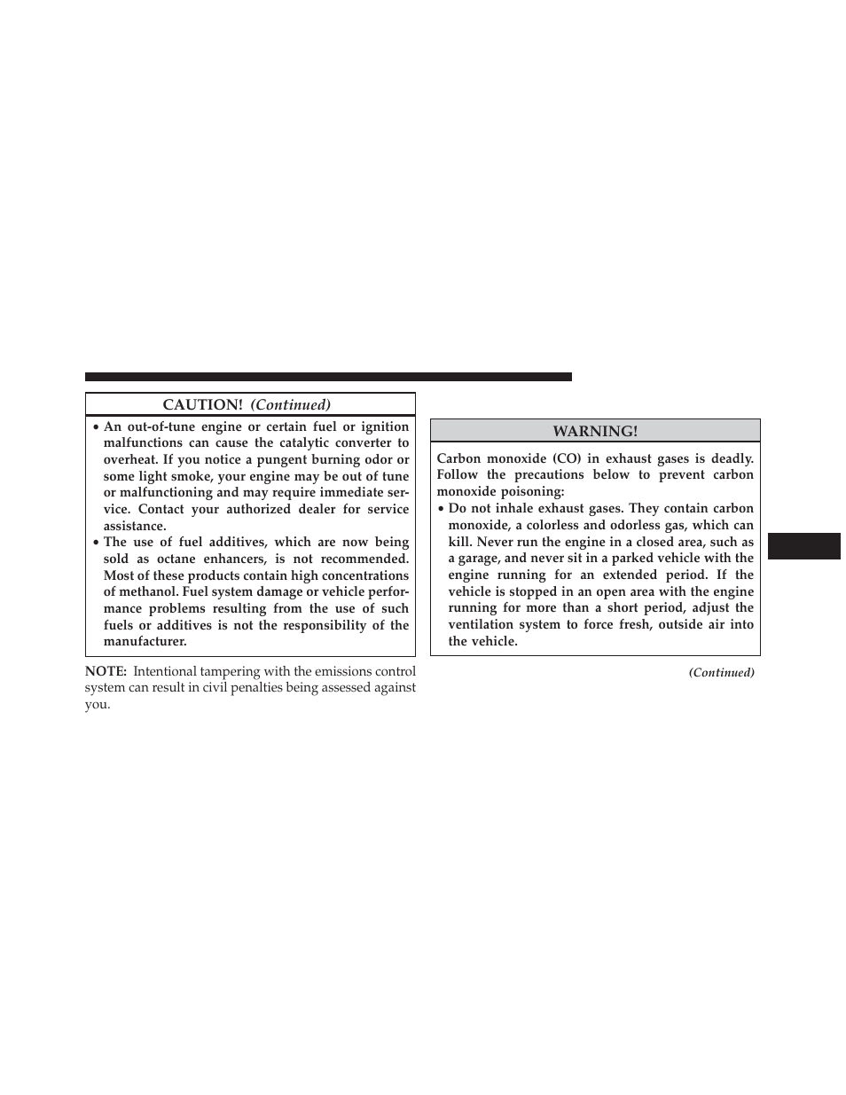 Carbon monoxide warnings | Chrysler 2014 200 - Owner Manual User Manual | Page 369 / 516