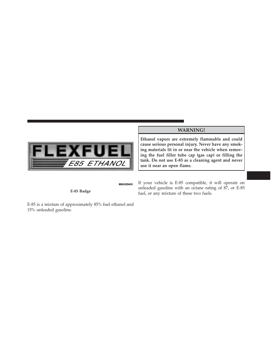 Ethanol fuel (e-85), Fuel requirements | Chrysler 2014 200 - Owner Manual User Manual | Page 371 / 516