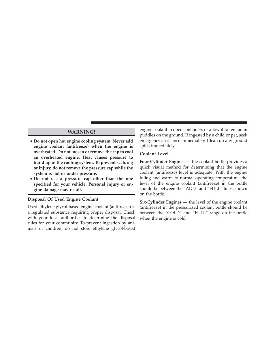 Disposal of used engine coolant, Coolant level | Chrysler 2014 200 - Owner Manual User Manual | Page 444 / 516