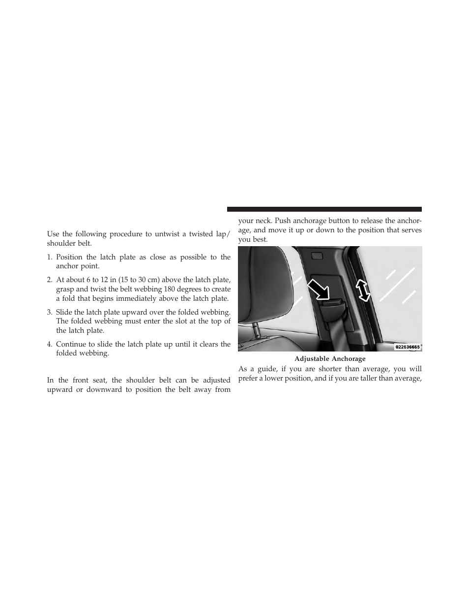 Lap/shoulder belt untwisting procedure, Adjustable upper shoulder belt anchorage | Chrysler 2014 200 - Owner Manual User Manual | Page 52 / 516