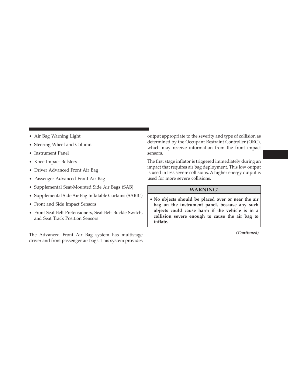 Advanced front air bag features | Chrysler 2014 200 - Owner Manual User Manual | Page 63 / 516