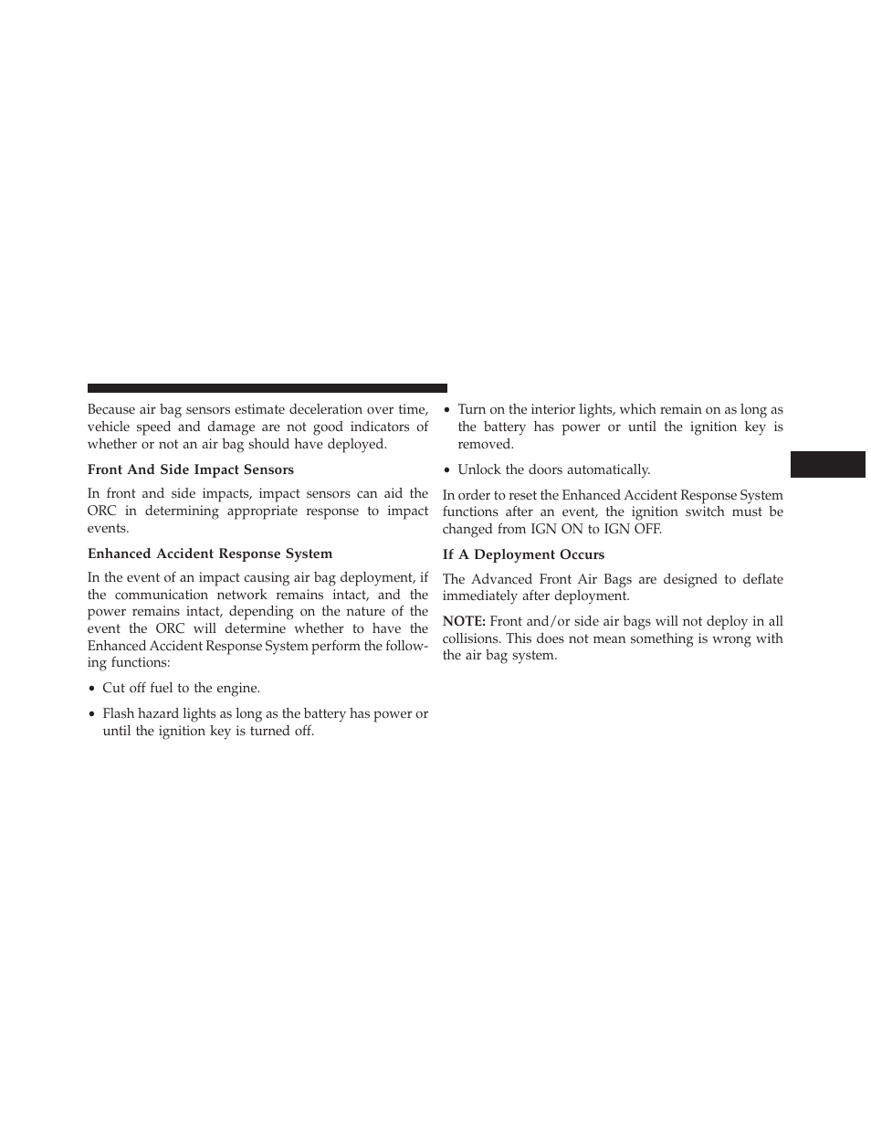 Front and side impact sensors, Enhanced accident response system, If a deployment occurs | Chrysler 2014 200 - Owner Manual User Manual | Page 71 / 516