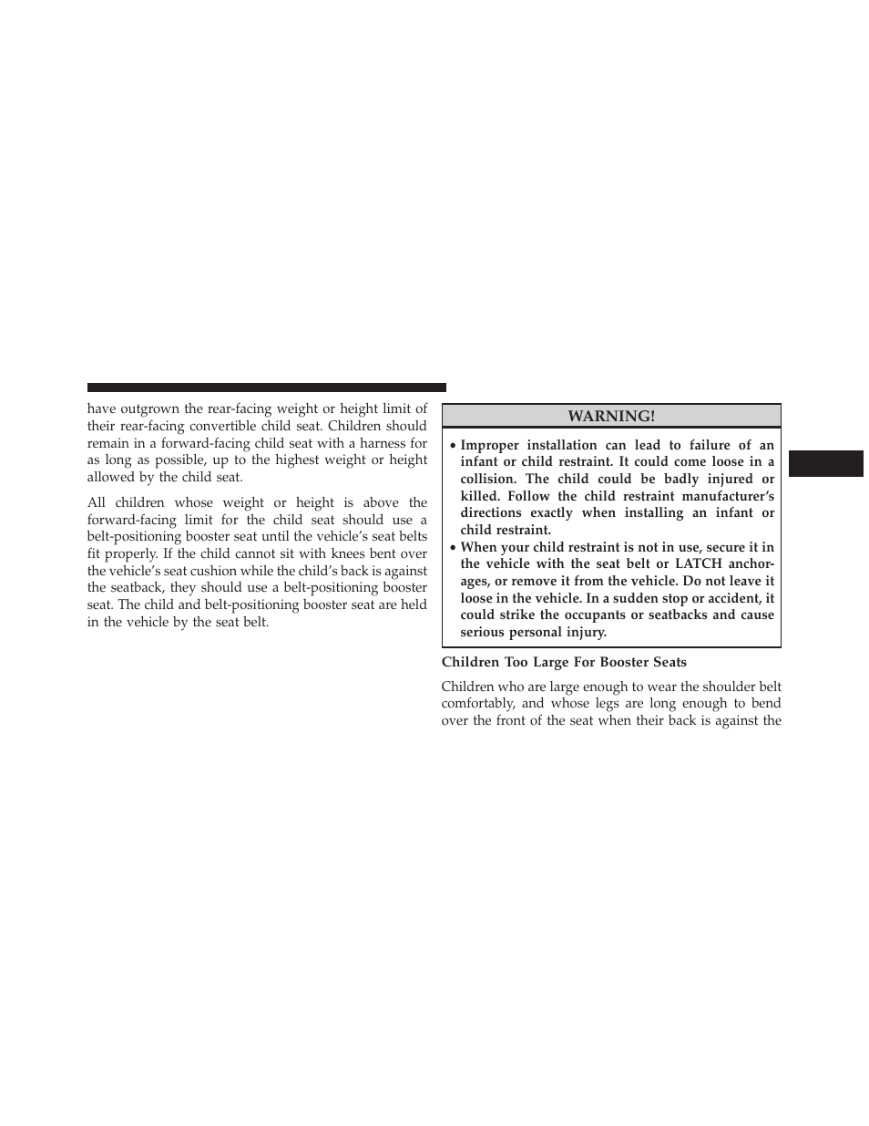 Children too large for booster seats | Chrysler 2014 200 - Owner Manual User Manual | Page 79 / 516
