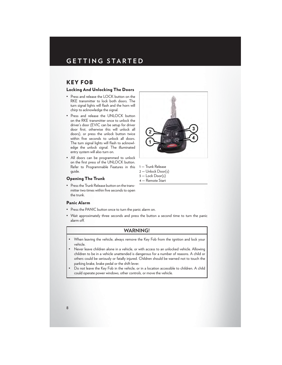 Getting started, Key fob, Locking and unlocking the doors | Opening the trunk, Panic alarm | Chrysler 2014 200 - User Guide User Manual | Page 10 / 116