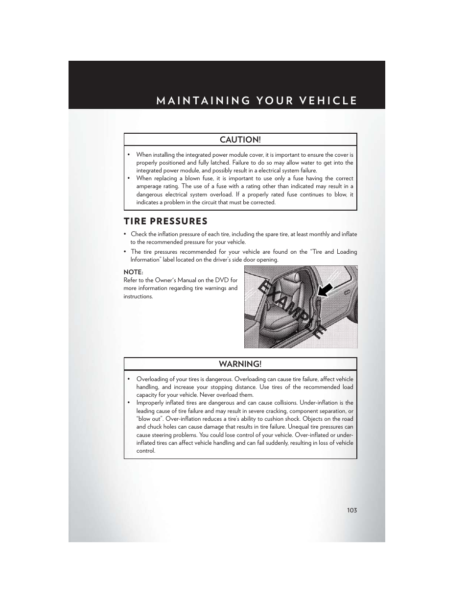 Tire pressures | Chrysler 2014 200 - User Guide User Manual | Page 105 / 116