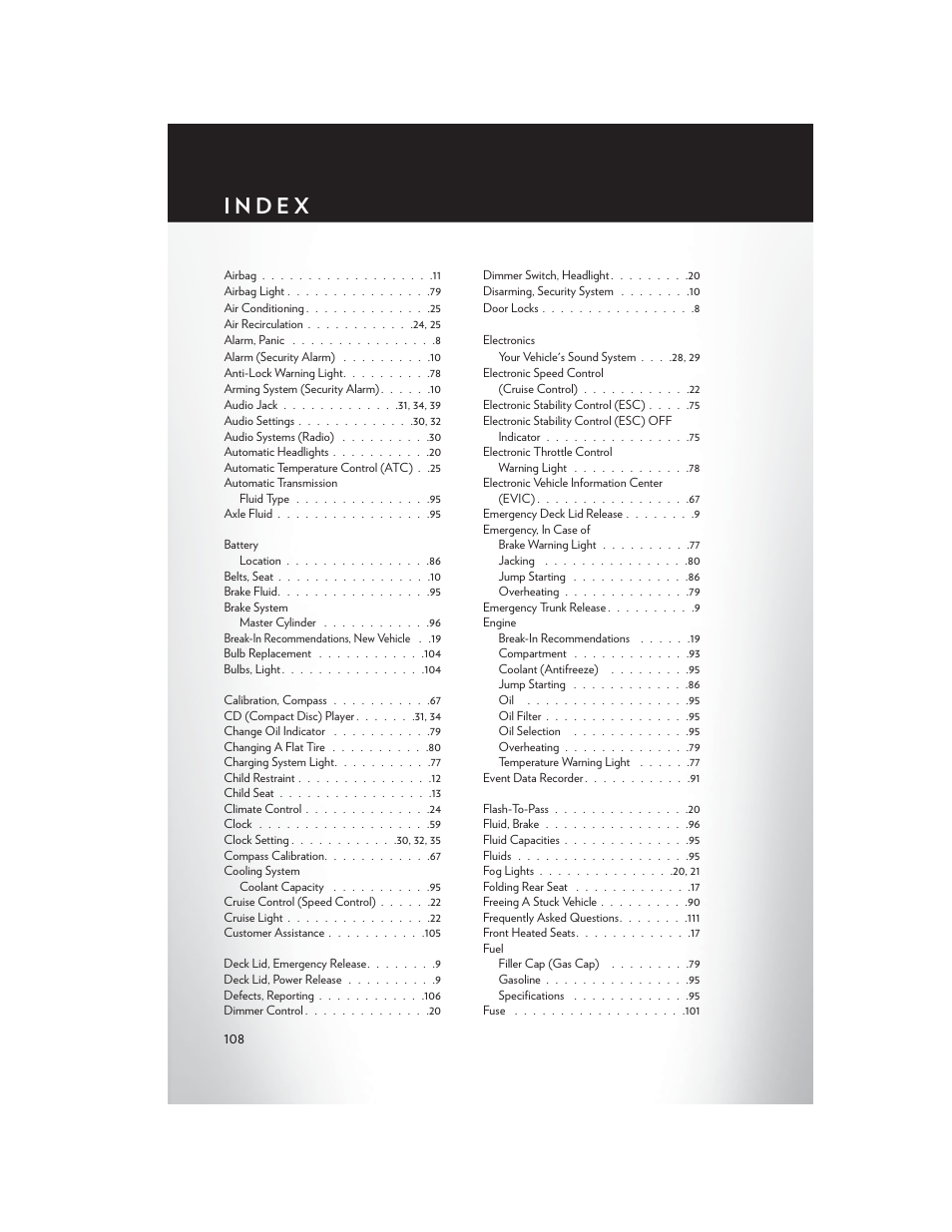 Index | Chrysler 2014 200 - User Guide User Manual | Page 110 / 116