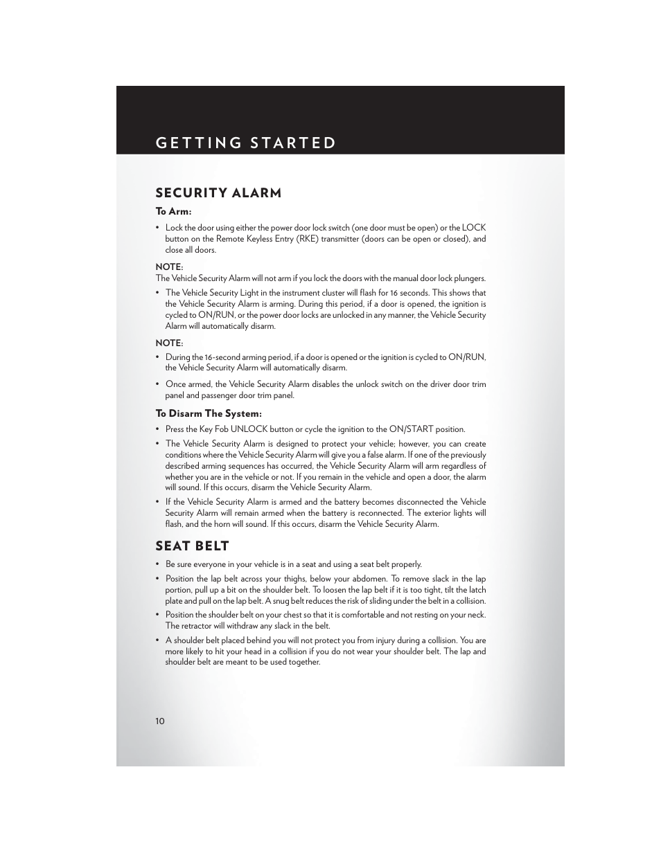 Security alarm, To arm, To disarm the system | Seat belt, Security alarm seat belt | Chrysler 2014 200 - User Guide User Manual | Page 12 / 116