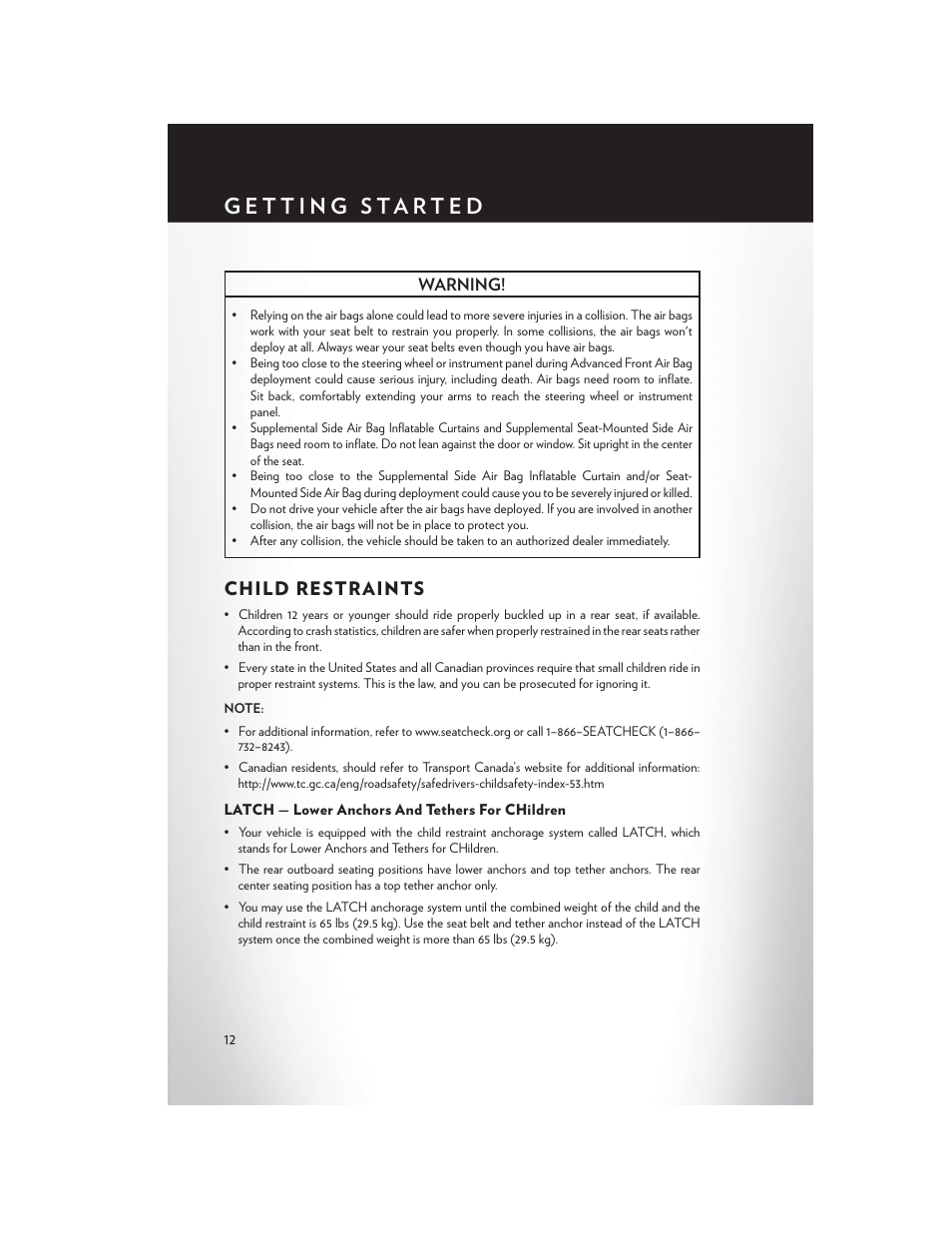 Child restraints, Latch — lower anchors and tethers for children | Chrysler 2014 200 - User Guide User Manual | Page 14 / 116