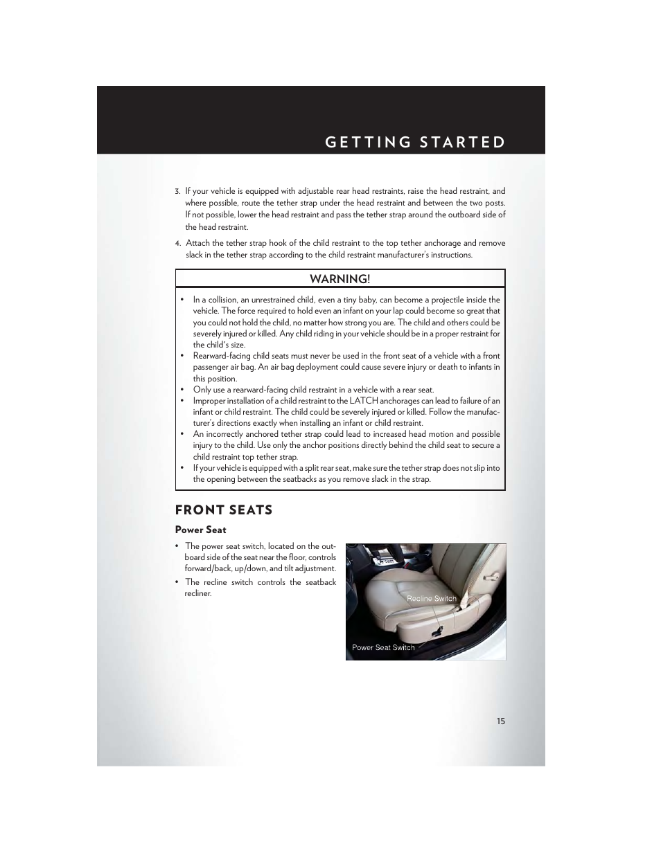Front seats, Power seat | Chrysler 2014 200 - User Guide User Manual | Page 17 / 116