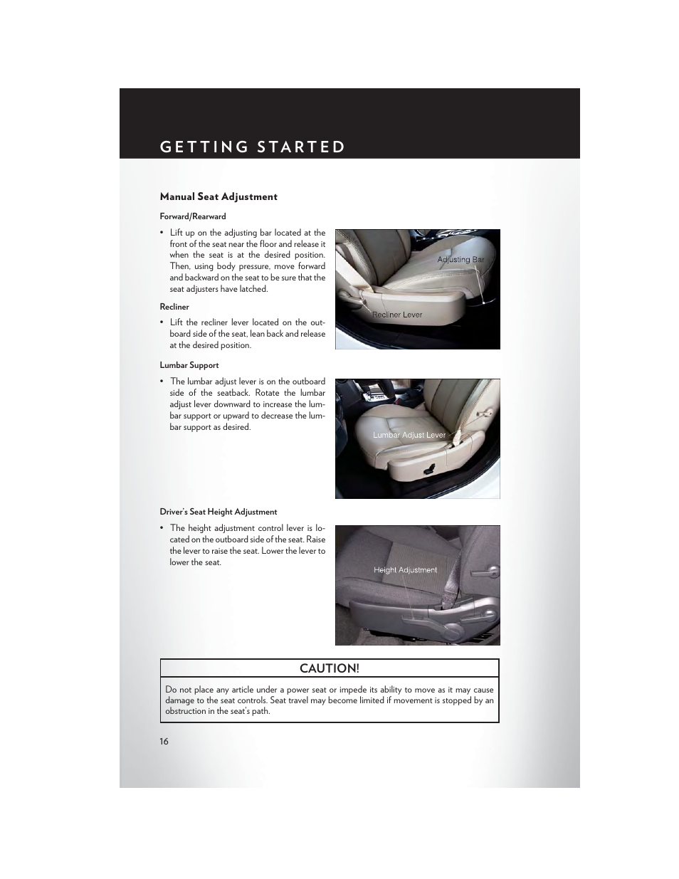 Manual seat adjustment | Chrysler 2014 200 - User Guide User Manual | Page 18 / 116