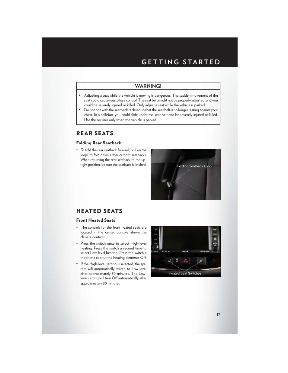 Rear seats, Folding rear seatback, Heated seats | Front heated seats | Chrysler 2014 200 - User Guide User Manual | Page 19 / 116